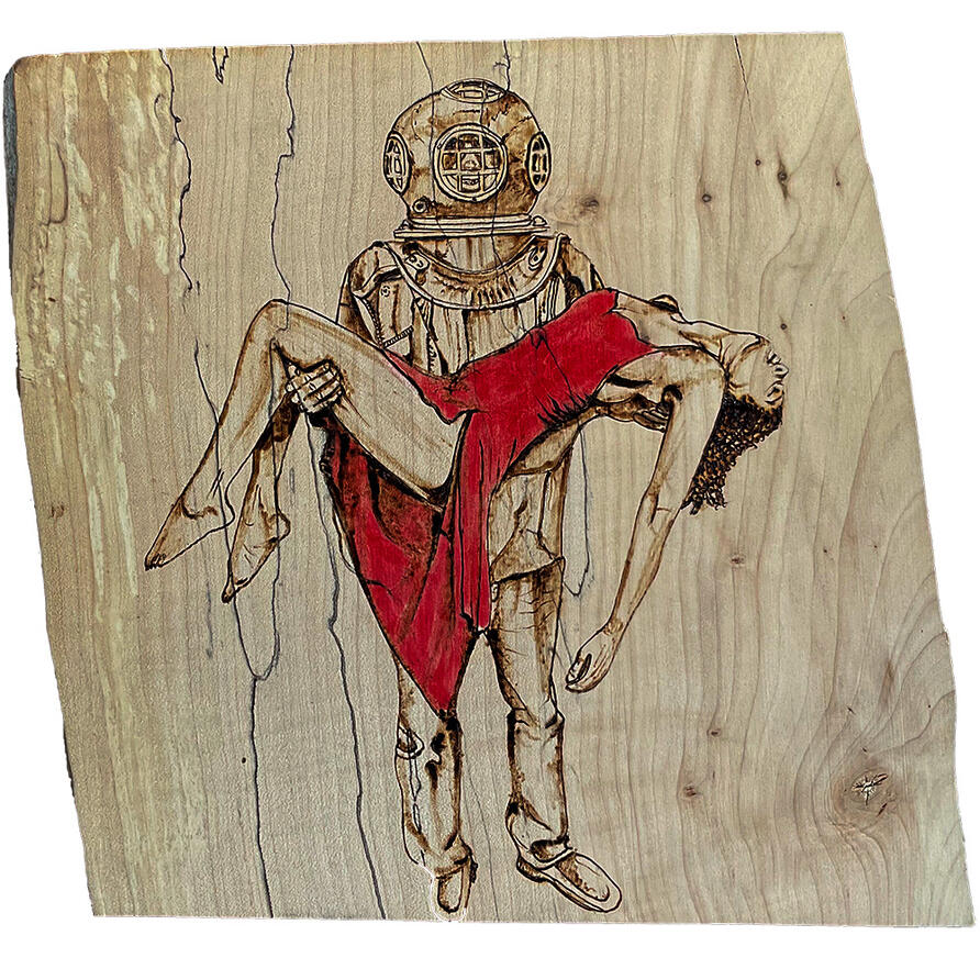 Saving Sandra - Pyrography and Ink