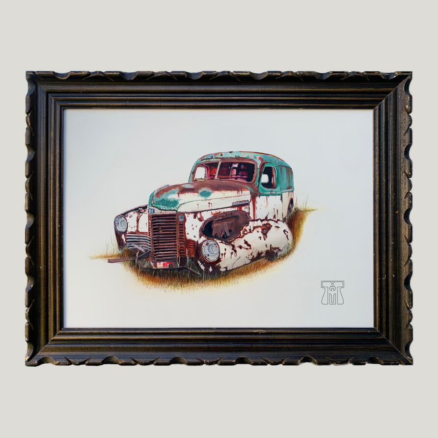 2 Flies and a Walnut - 1949 International KB2 Panel Delivery Truck. Discovered 2 flies and a walnut on the truck while painting. Decided to paint them in. Available for purchase.