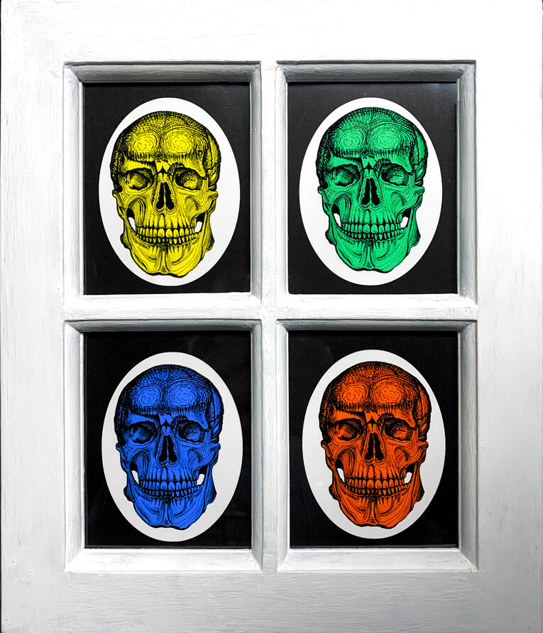Four Skulls - Ink on paper, digital coloured background, mounted in 11" x 13" window frame.