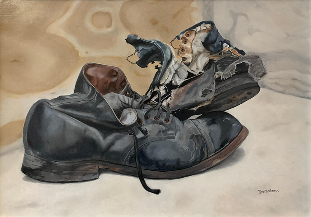 Lost Souls: 20" x 28" oil painting. Discovered these abandoned leather shoes in this condition on a church front steps. Available for purchase.
