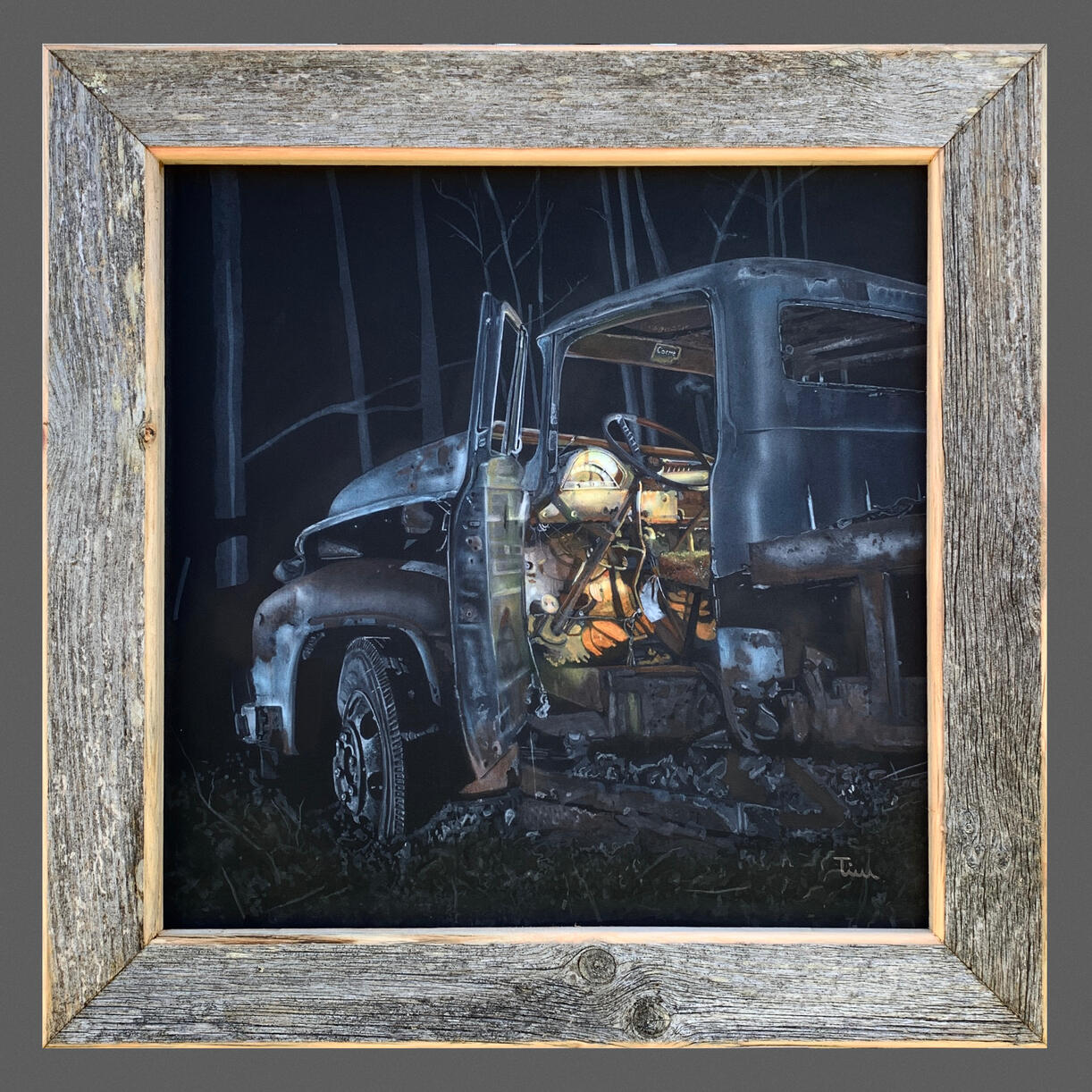 Night Truck - 20” x 20” Acrylic on watercolour paper. Came upon this truck in the woods many years ago. Available for purchase.