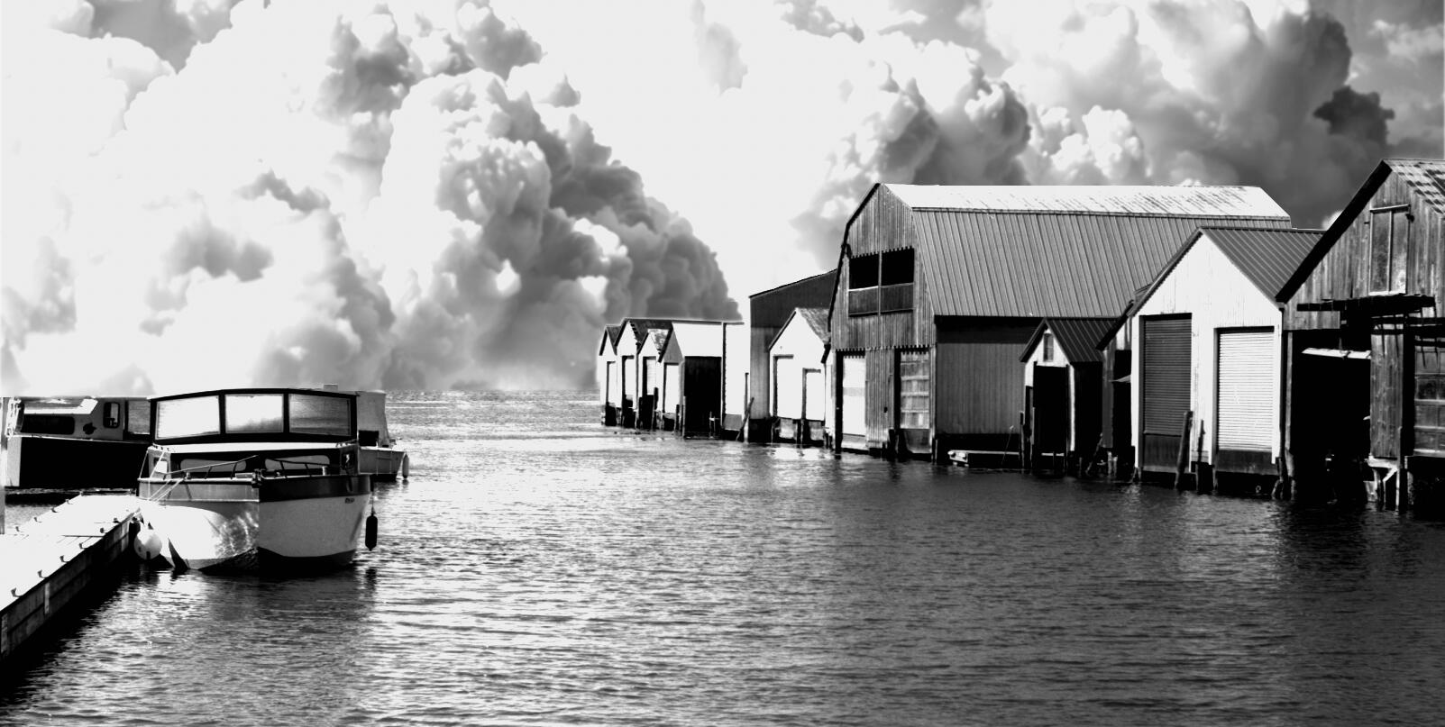 Southern Ominous Activity - Port Rowan on north shore of Lake Erie. Analogue photo with digital clouds added portraying trouble on the south shore. (Ontario, Canada)